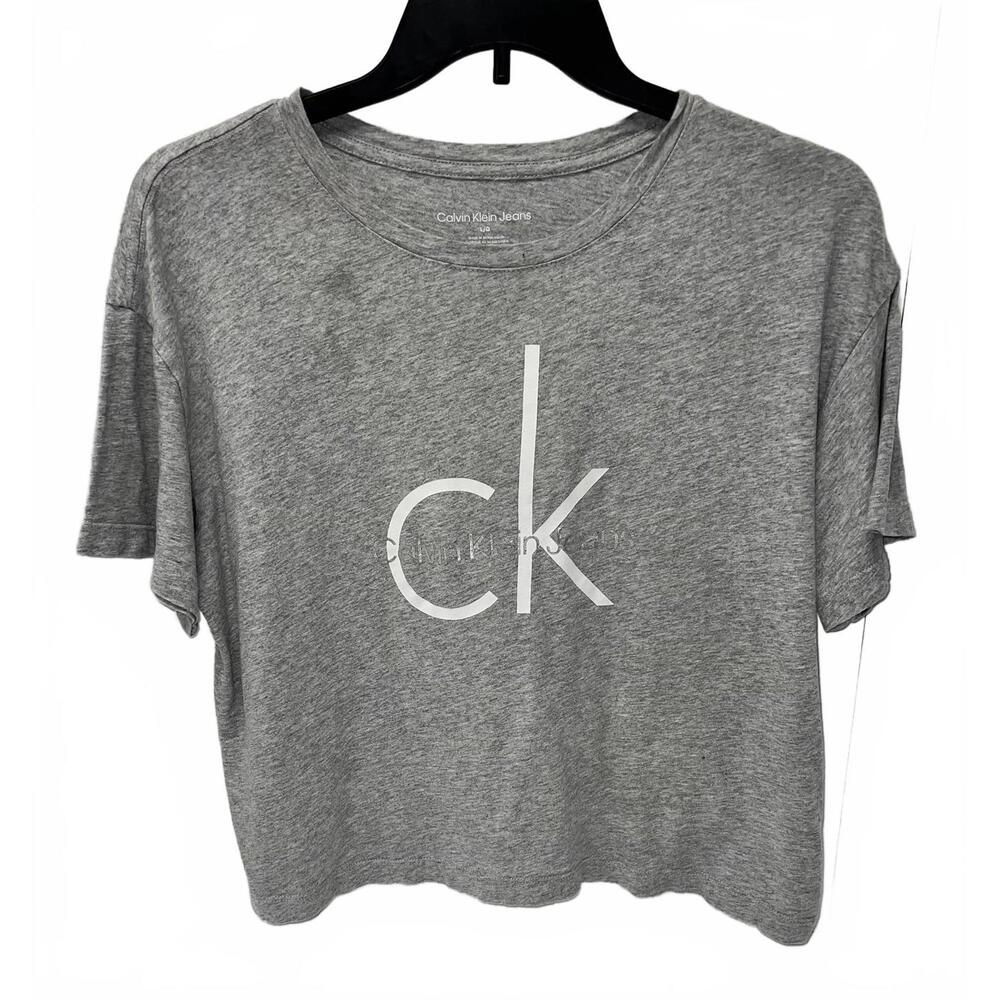 Womens Calvin Klein Gray Logo Crop Tee- Size L